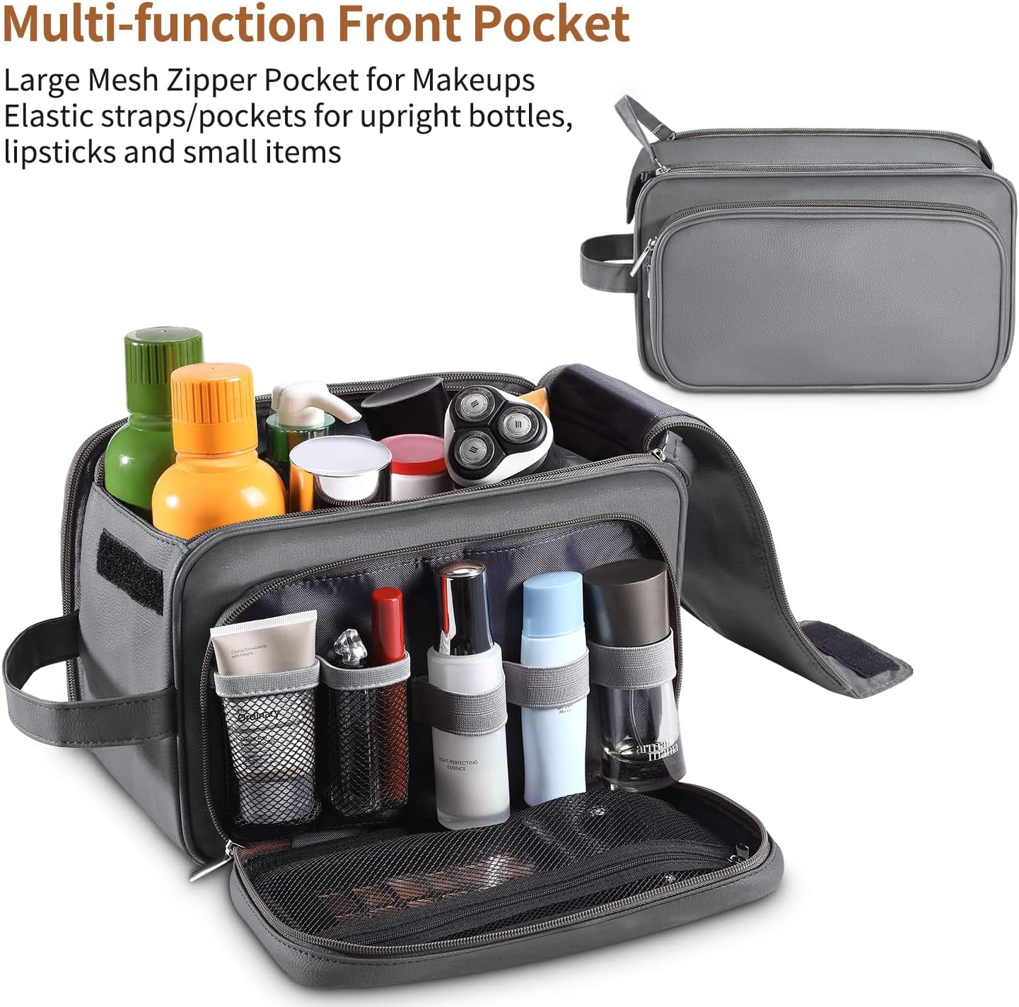 Large Capacity Toiletry Bag for Men, Leather Hanging Toiletry Organizer Cosmetics Makeup Bag, Gray