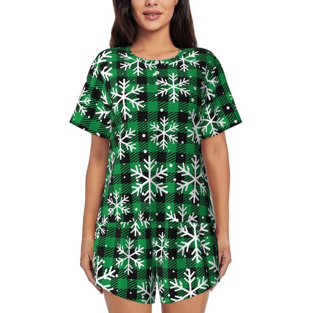 Balery Christmas Pattern At Buffalo Plaid Conjunto de Pijama para Mujer con Estampado, Dos Piezas de Manga Corta y Shorts, Ropa de Dormir Suave con Cuello Redondo y Bolsillos-3X-Large