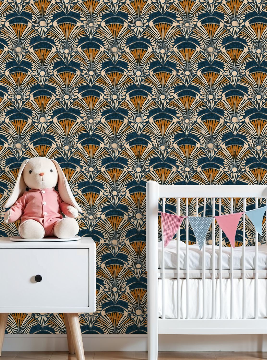 Vintage Peel and Stick Wallpaper Art Deco Fan Navy Blue Gold Geometric Floral Wall Mural 23.6in x 9.8ft Self Adhesive Removable Wall Paper Renter Friendly Wallpaper for Nursery Bedroom Cabinets