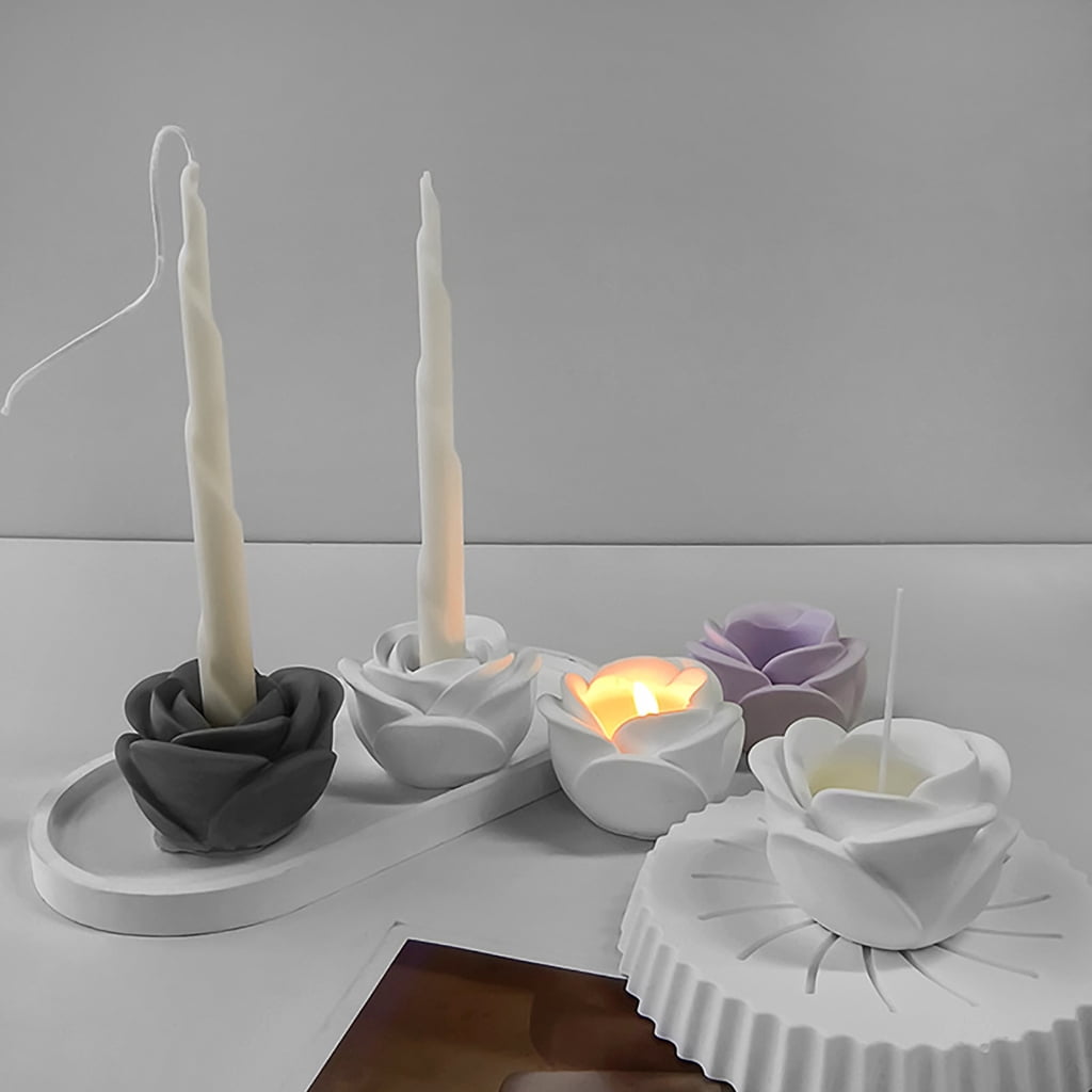 FENOHREFE 3D Rose Candlestick Silicone Mold Candle Holder Mould Flower Shaped Candle Base Molds Ornaments Home Decorations