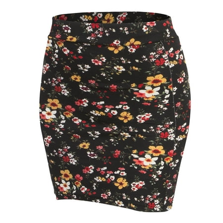 Doublju Women's Basic Stetch Knit Bodycon Mini Skirt BLACKFLOWER