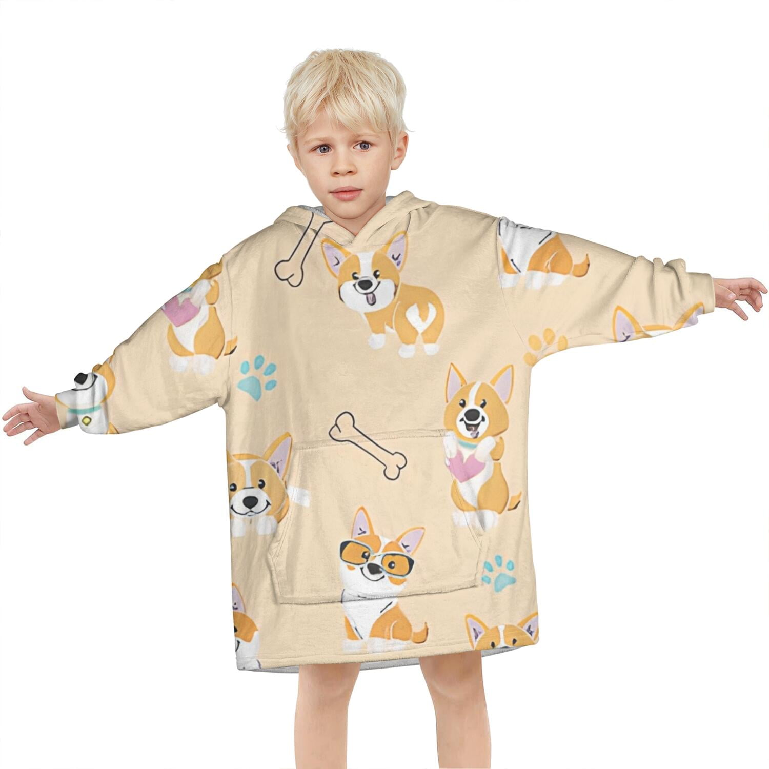Cartoon Corgi Blanket Hoodies for Kids 6-13YR Oversize Wearable Blanket Hoodies for Boys Girls Teens