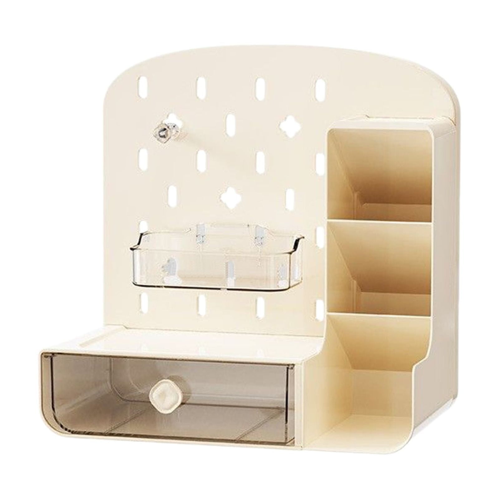 Desktop Storage Rack with Drawers | Multifunctional Desk Organizer | Plastic Study Supplies Holder | Zoning Design with Pegboard & Hooks | 10x9.9x5.9 in | Home Office Storage Box