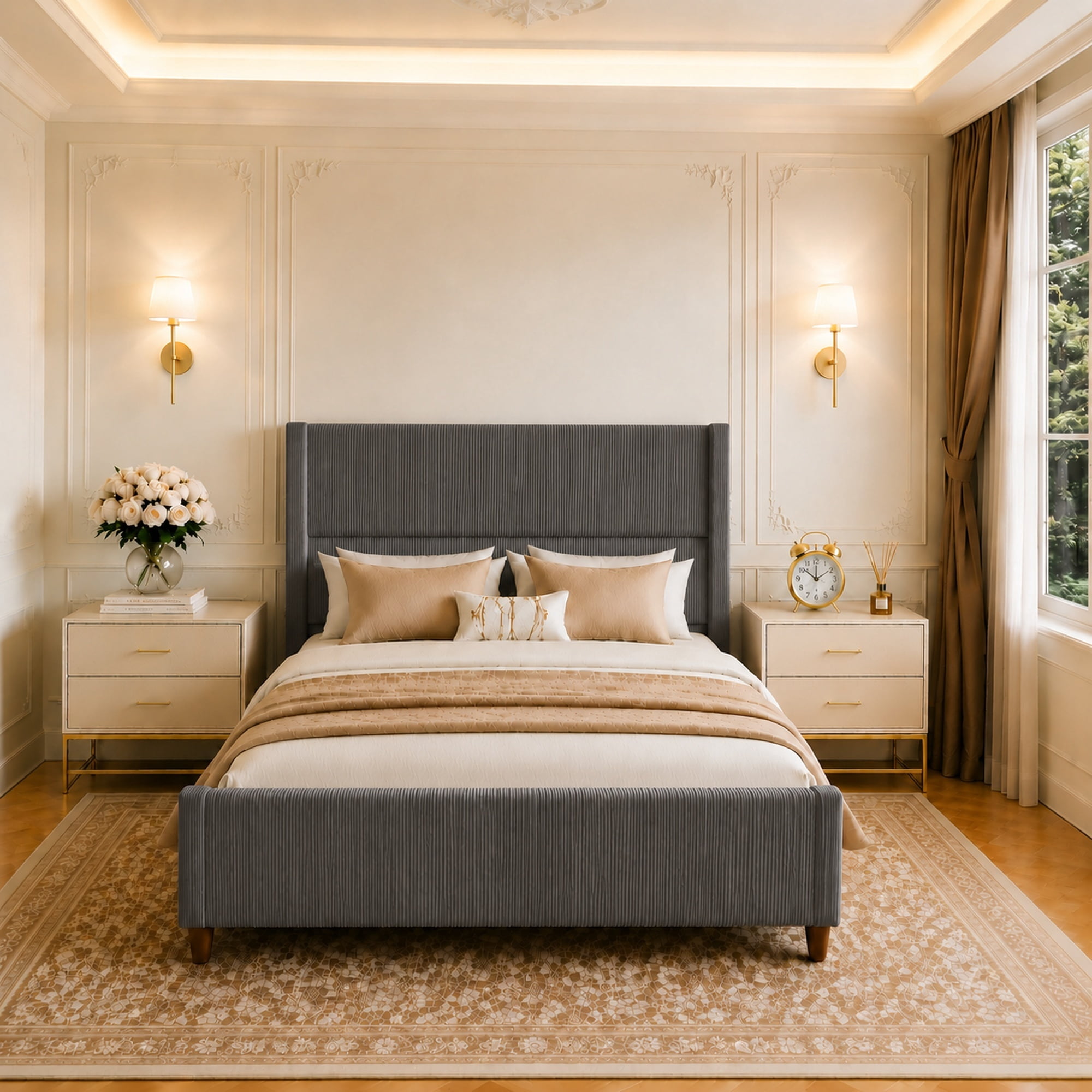 Leumius Full Size Bed Frame with Padded Headboard, Luxury Thick Base Bed with Extra-high Wingback Vertical Stripes, Sturdy Solid Wood Slats and Legs,Dark Gray
