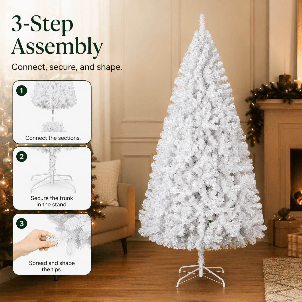 Alvantor 7.5 ft White Flocked Artificial Christmas Tree with 1349 PVC Branch Tips and Metal Stand