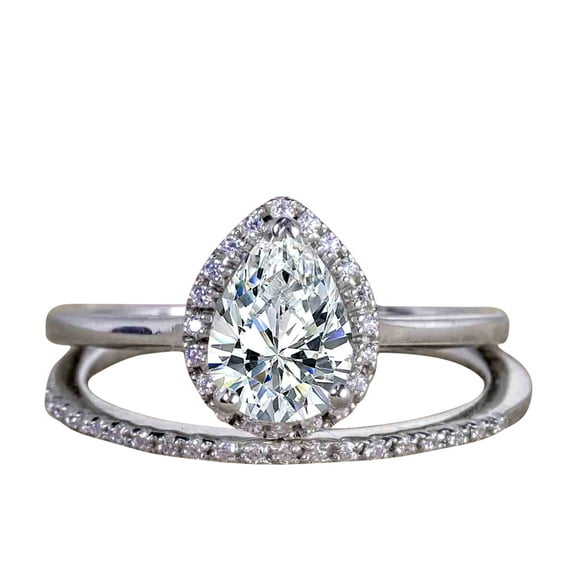2 Carat Pear cut Moissanite and Diamond Halo Wedding Ring Set in White Gold