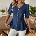 thumbnail image 2 of Ytndtr Women's Fashion Casual Solid Color V-Neck Buttoned puff sleeves Top, 2 of 7