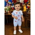 thumbnail image 5 of Cenuakty Baby 4th of July Romper Stripe Print America Flag Embroidery Short Sleeve Cape Collar Bodysuit, 5 of 9