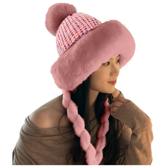 Gyujnb Women's Winter Knit Hat with Pompom & Fuzzy Earflaps - Warm Ski Cap with Braided Ties, Ideal for Outdoor Activities, Cold Weather Styling & Casual Daily Wear,Size:One Size
