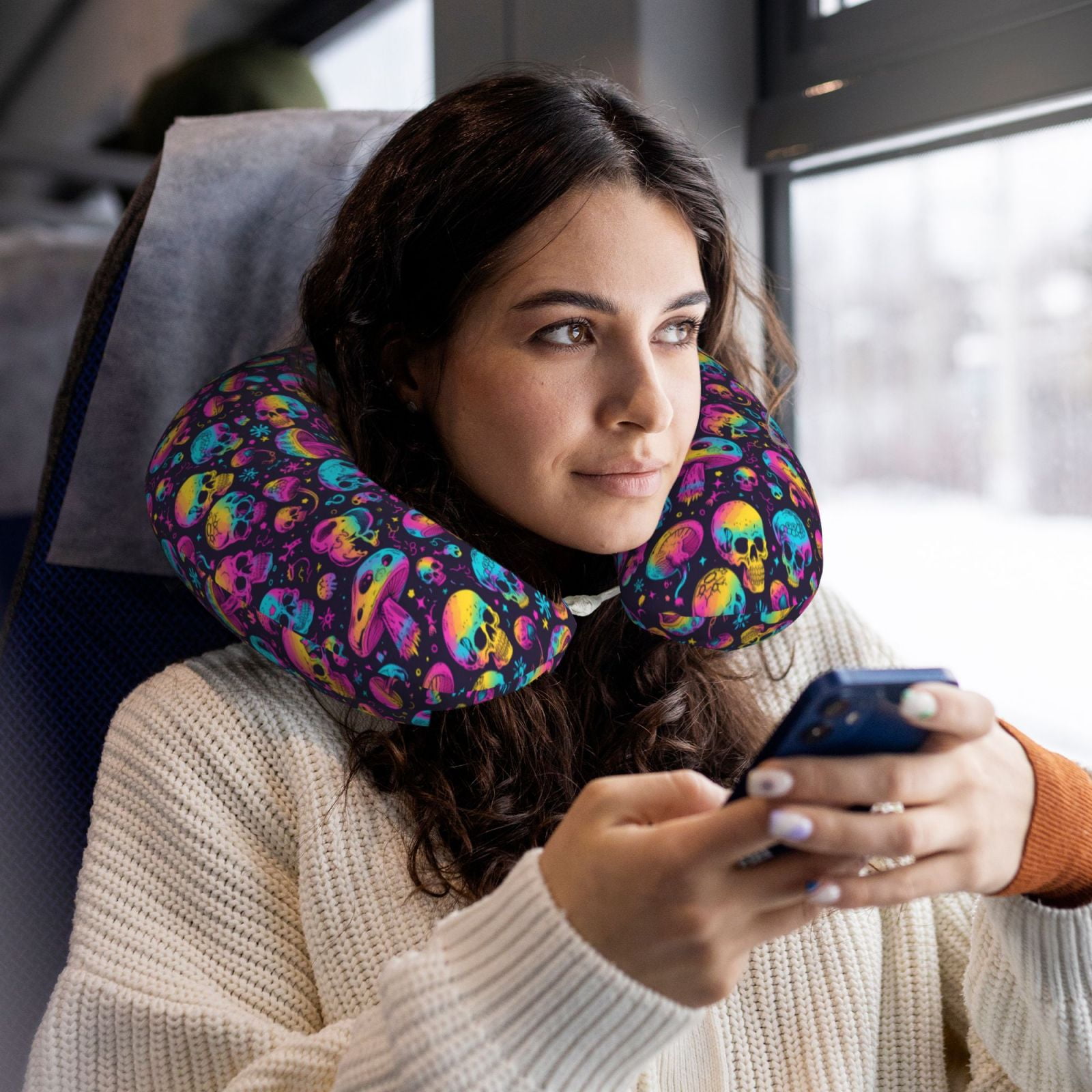 Xecao rainbow color mushroom Skull Print Memory Foam Cervical Neck Pillow Versatile U-Shaped Pillows for Home,Office,Camping,Travelling,Soft Washable Cover