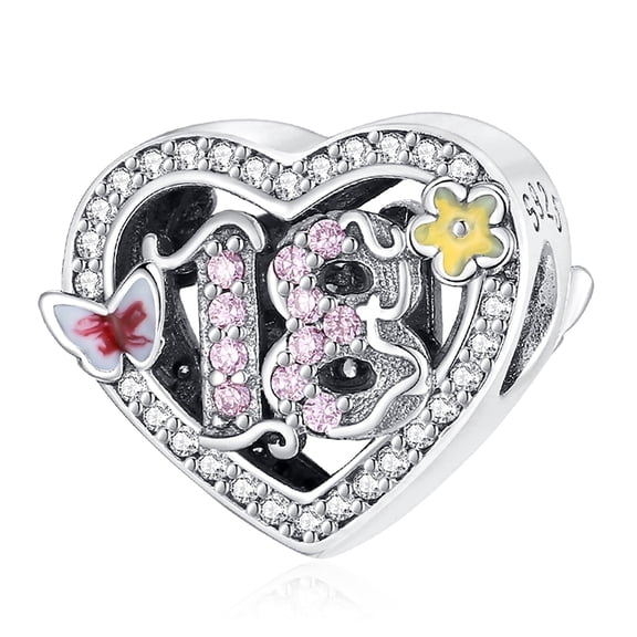 NINGAN 925 Sterling Silver Number 18 Heart Charms Bracelets & Necklaces Heart Bead Charms Women Gift Holiday Gifts