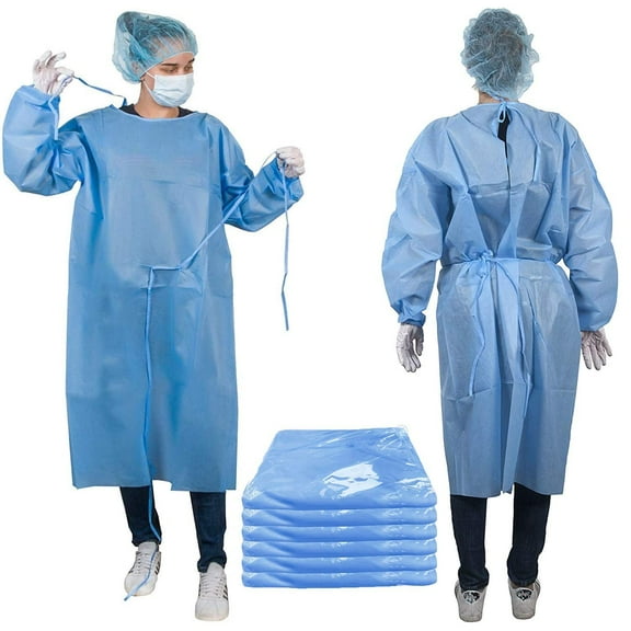 Blue Disposable Isolation Gown, X-Large. Pack of 30 Polyethylene Surgical Disposable Gowns with Long Sleeves, Neck and Waist Ties. Non-Sterile Fluid Resistant Unisex Health Isolation Gowns