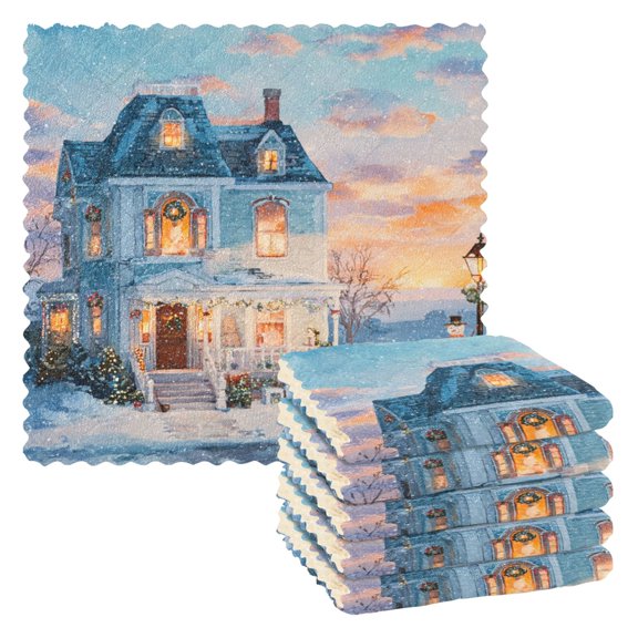 6 Pieces of Kitchen Towels 11x11Inch Kitchen Dish Cloths Kitchen Dish Towels Reuseable Cleaning Cloths Snow Christmas House