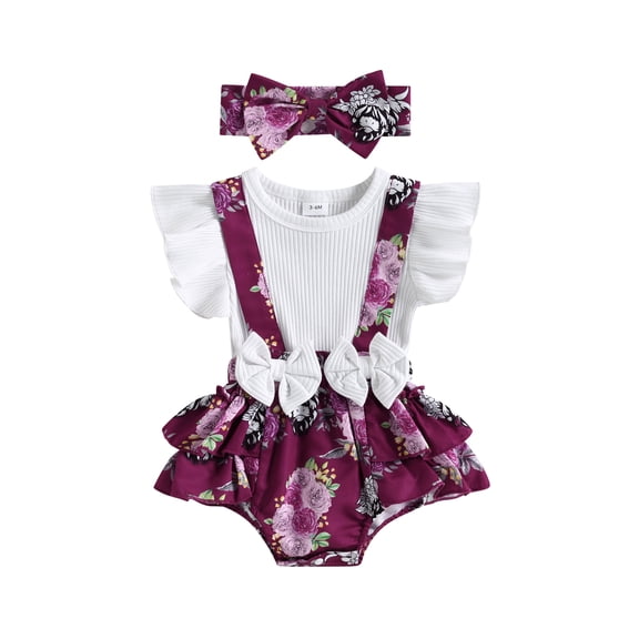 Bagilaanoe Newborn Baby Girl Rompers Dress Print Fly Sleeve Bodysuit Headband 3M 6M 9M 12M 18M Infant Patchwork One Piece Jumpsuit