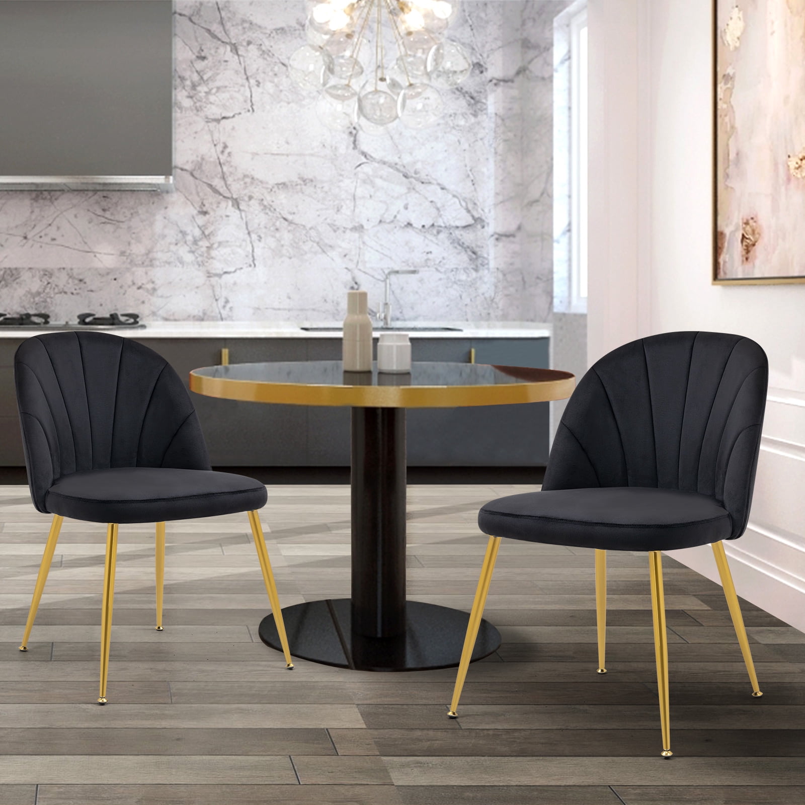 Newnno Velvet Modern Dining Chairs Set of 2, Upholstered Armless Accent Side Chair with Metal Legs for Kitchen Dining Room, Black
