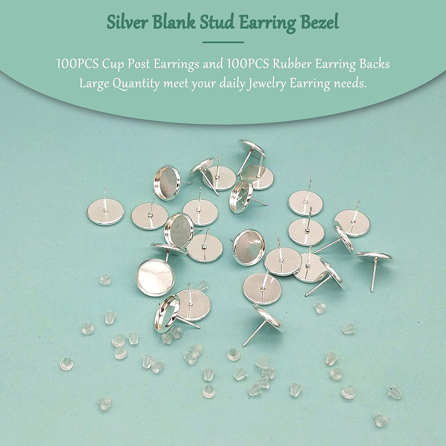 Blank Stud Earring Bezel Silver,200Pcs Stud Earring Kit Includes 100Pcs Cup Post Earrings and 100Pcs Rubber Earring Backs for DIY Jewelry Findings,Earring Making Supplies - image 2 of 5