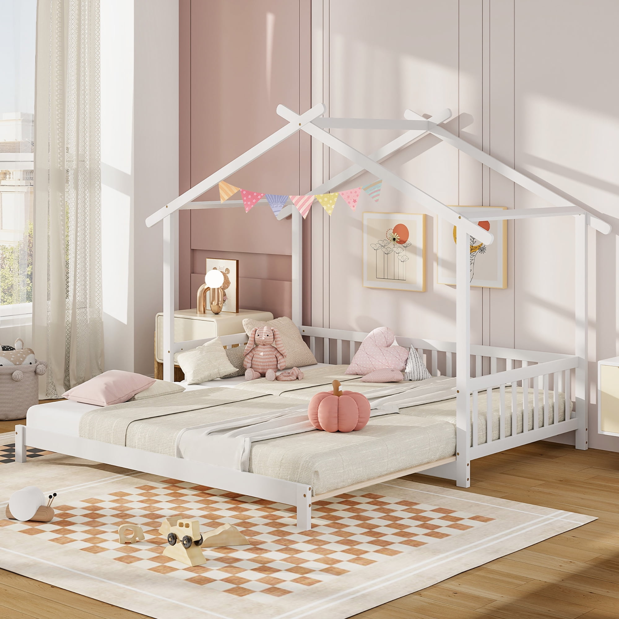 Gymax Wooden House Bed Twin to King Daybed w/ Safety Rails & Decorable Roof White