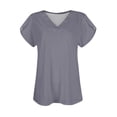 thumbnail image 4 of Women's Loose V-Neck Solid Color Short Sleeve Tops ,Dark Gray S, 4 of 6