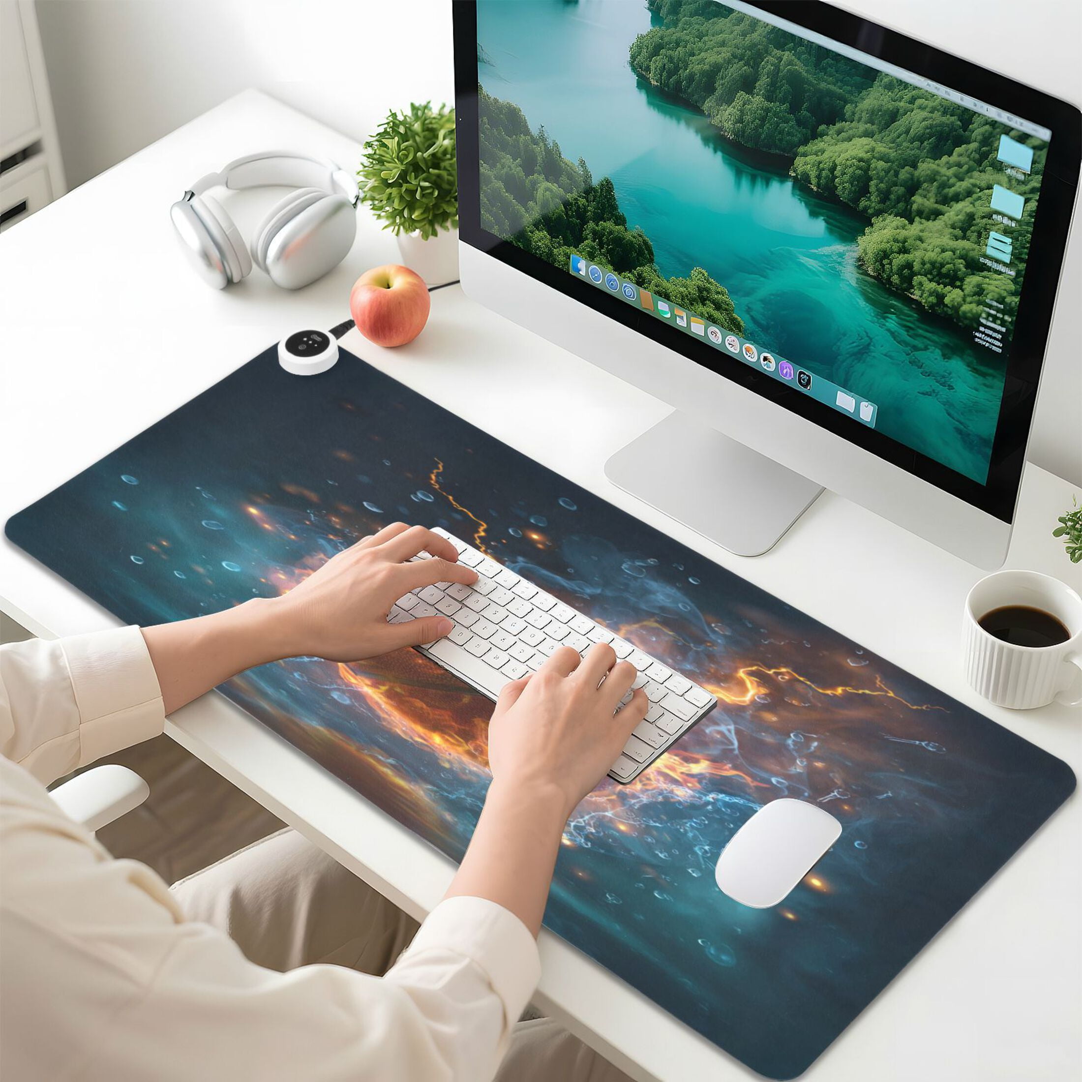 Wobogo Burning Basketball Heated Mouse Pad Extra-Large Desk Mat With 3 Heating Levels and 3-hour Auto Shut-Off Protection Ideal for Computer Keyboards Home Office Hand-warming Essential 31.5in × 13in