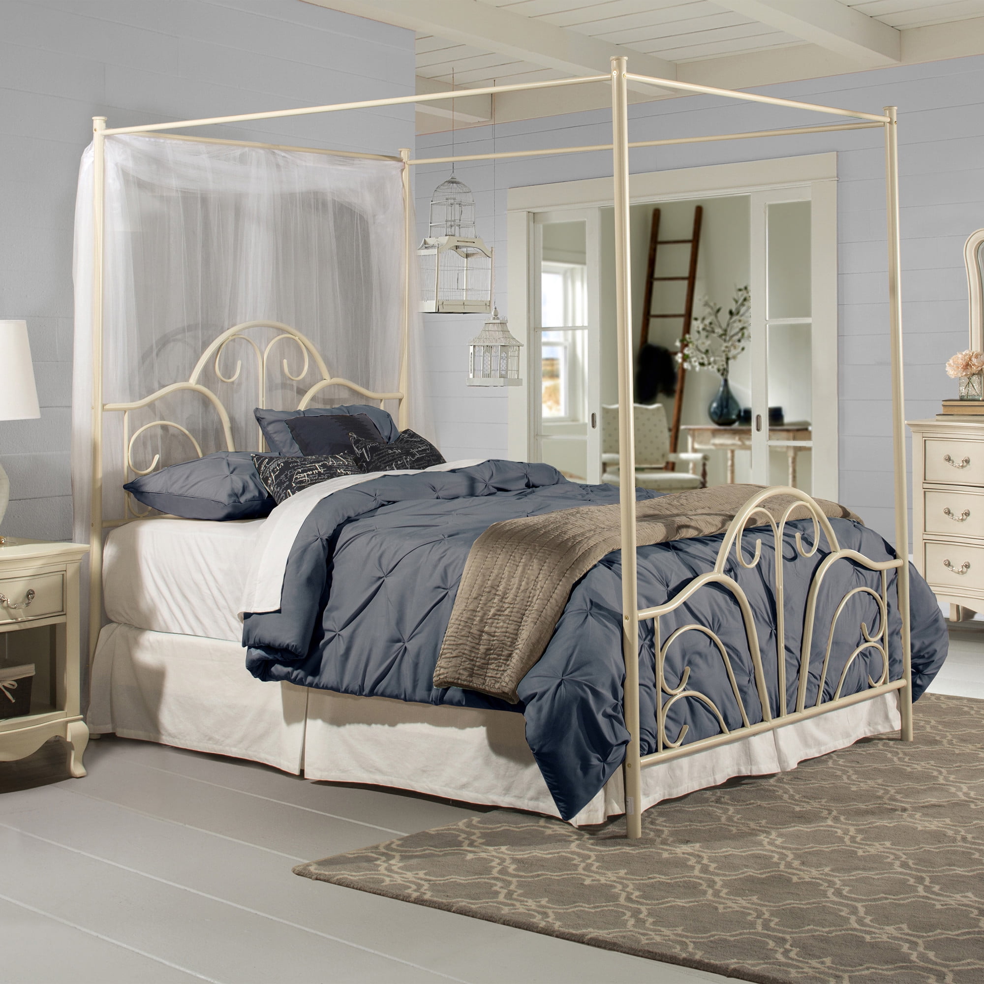 Dover Canopy Metal Queen Bed, Cream Bed Frame