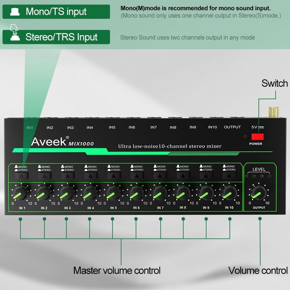 Aveek 10 Channel Mixer - Mini 10 Stereo Audio Mixer, Low-Noise for Precision Sub-Mixing,1/4" TRS Ideal for Mics/Guitars/Bass/Stage
