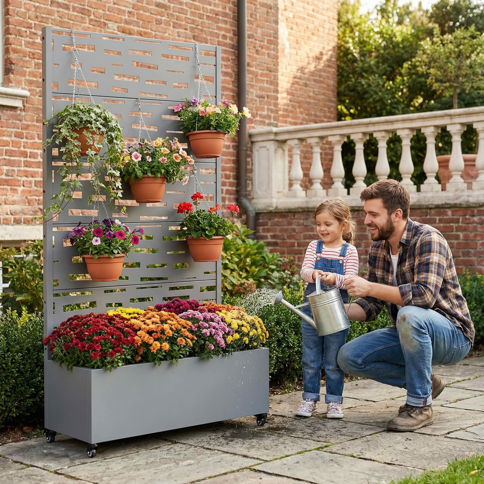 MAYEERTY 72X35" Metal Outdoor Gray Privacy Screen with Planter Box for Backyard & Garden, 5 Piece Set