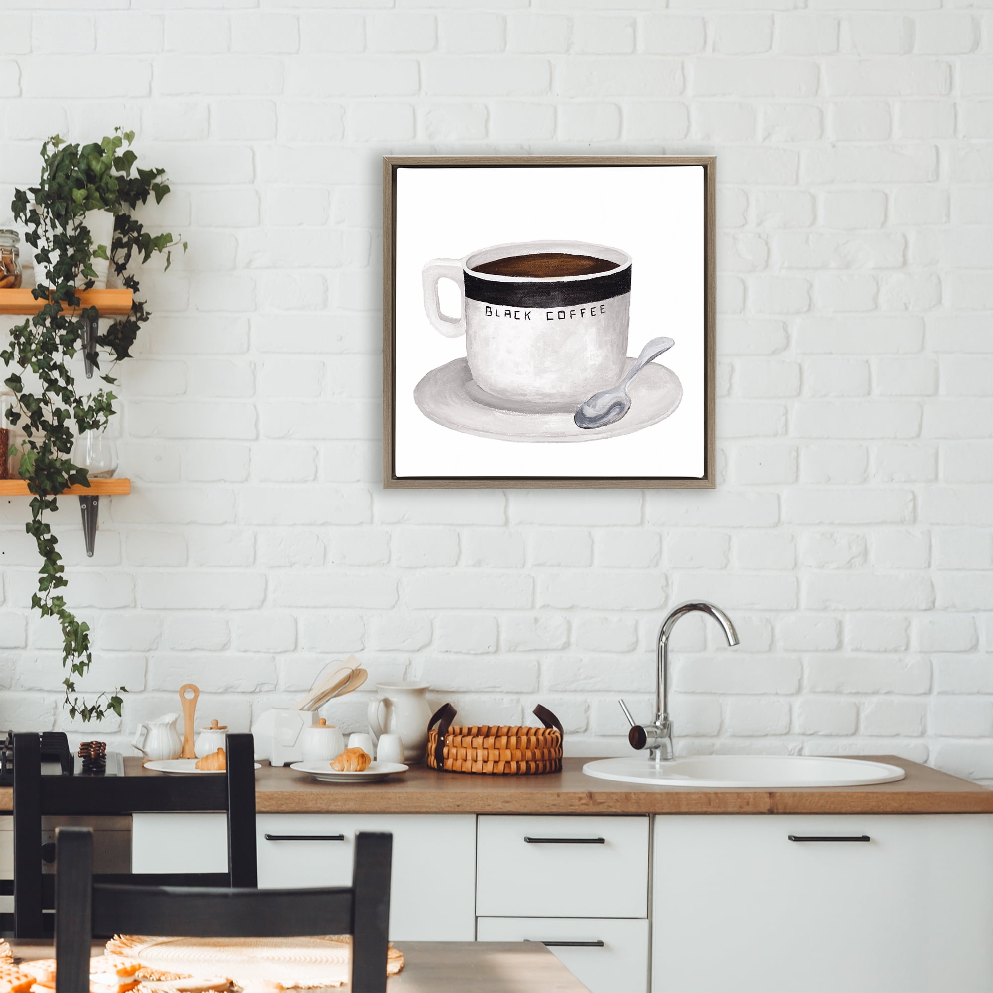 Stupell Industries Black Coffee Mug Brown Framed Floater Canvas Wall Art, design by Elizabeth Medley