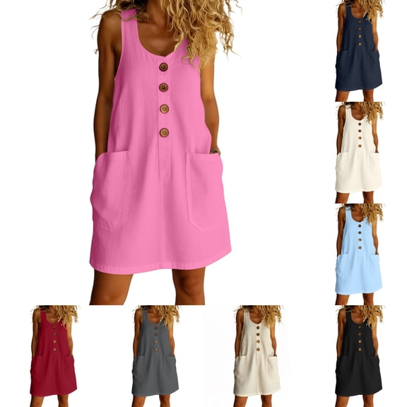 Kojanyu Women's Round-Neck Solid Color Sleeveless Casual Dress 100% Cotton Short Summer Mini Dress for Daily Wear Spring and Vacation