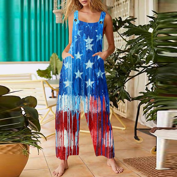 Iaqnaocc 4th Of July Outfits for Women Patriotic American Flag Stars Sleeveless Wide Leg Womens Jumpsuit Summer Adjustable Strap Loose Fit Red White and Blue Jumpsuits Rompers Light Blue 5XL