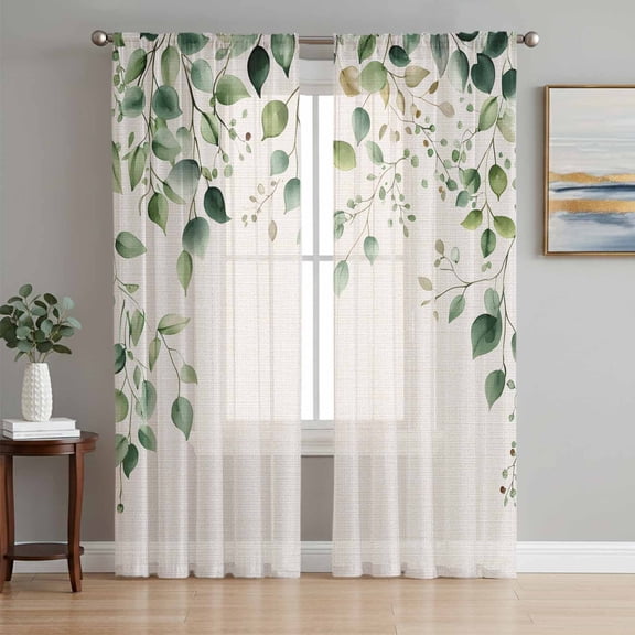 Eucalyptus Leaf Semi Sheer Window Curtains 72 Inches Long, Watercolor Green Plant Vintage Country Rod Pocket Voile Silky Chiffon Curtain Light Filtering Drapes for Living Room, 52"x72", 2 Panels