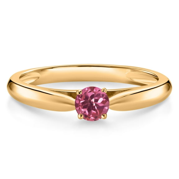 Gem Stone King 10K Yellow Gold Pink Tourmaline Solitaire Engagement Ring for Women (0.15 Cttw, Gemstone October Birthstone, Round 3.5MM, Size 5)