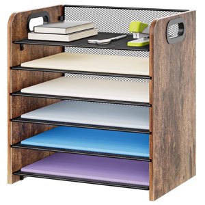 6-Tier Wooden and Metal Mesh Desk Organizer with Handles