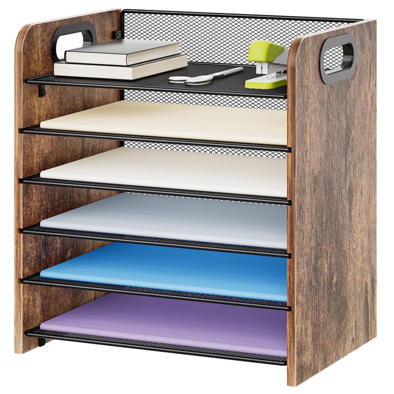 6-Tier Wooden and Metal Mesh Desk Organizer with Handles photo 1