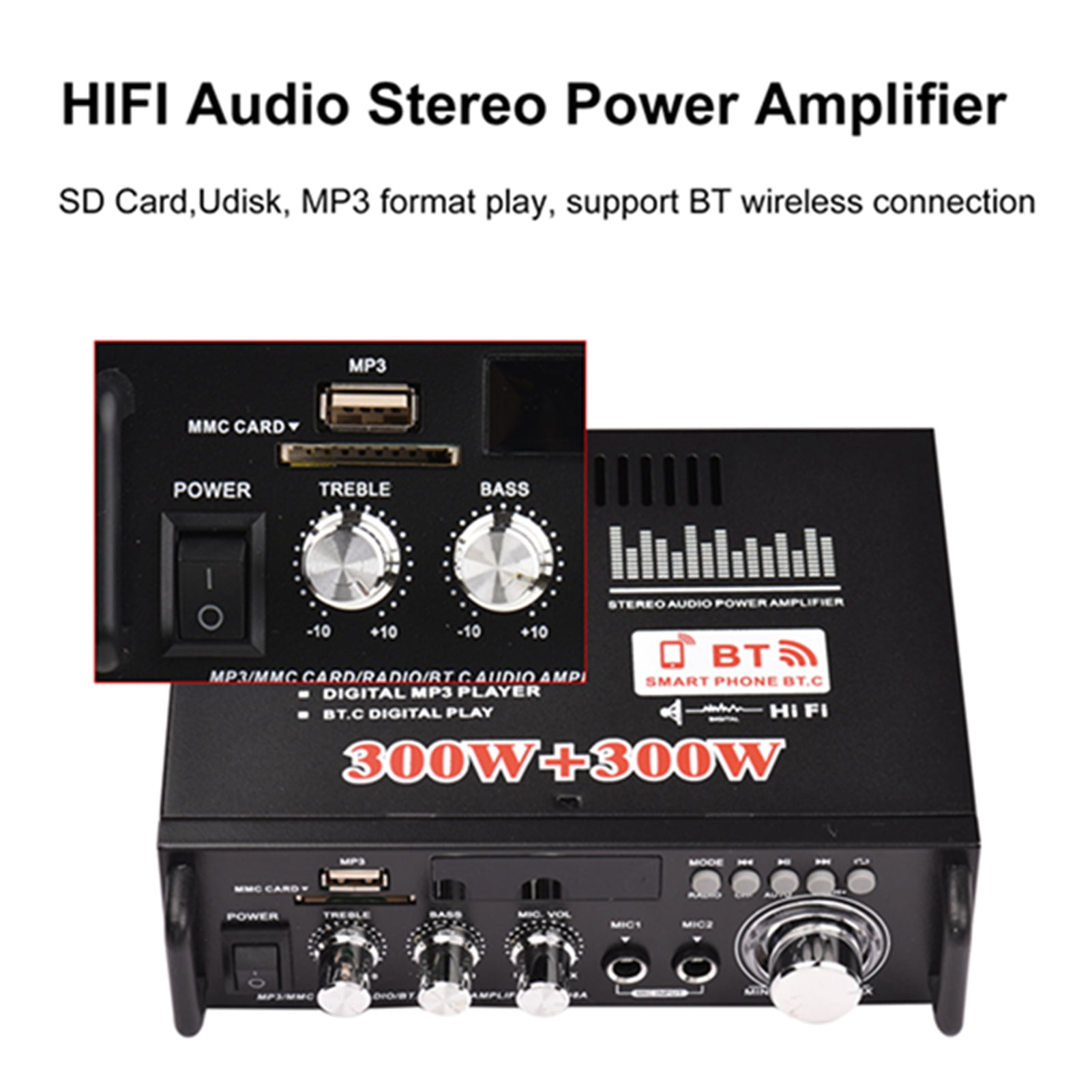Audio 12V / 220V Mini Audio Power Amplifier 2CH 300W+300W For Car Home Use BT Digital Audio Receiver AMP USB Memory Card Slot Digital MP3 Player FM Radio LCD Display Dual Mic Input