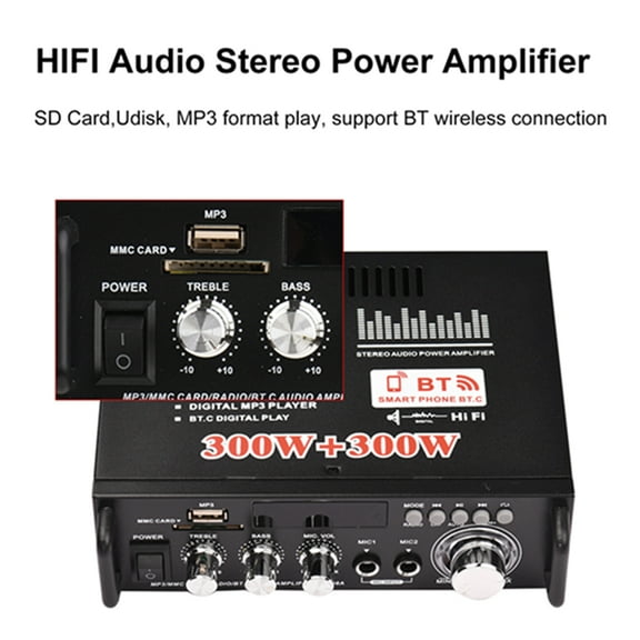 12V / 220V Mini Audio Power Amplifier 2CH 300W 300W For Car Home Use BT Digital Audio Receiver AMP USB Memory Card Slot Digital MP3 Player FM Radio LCD Display Dual Mic Input With