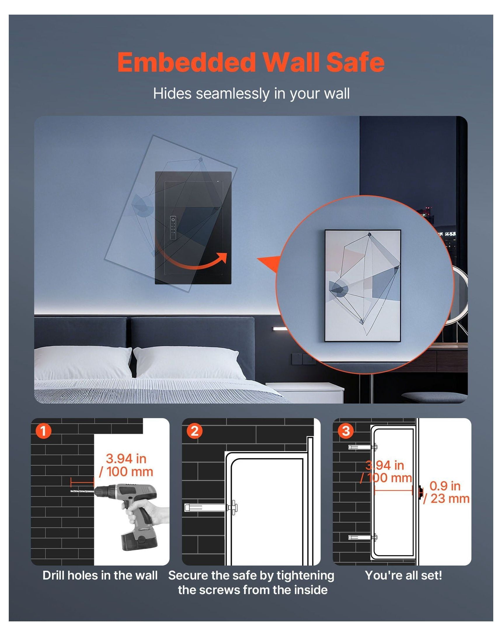 Wall Safe, Hidden In-Wall Safe with Fingerprint, Password & Key - 3-Tier Steel Security Box for Money, Jewelry, Passport - Adjustable Shelf & Key Holders