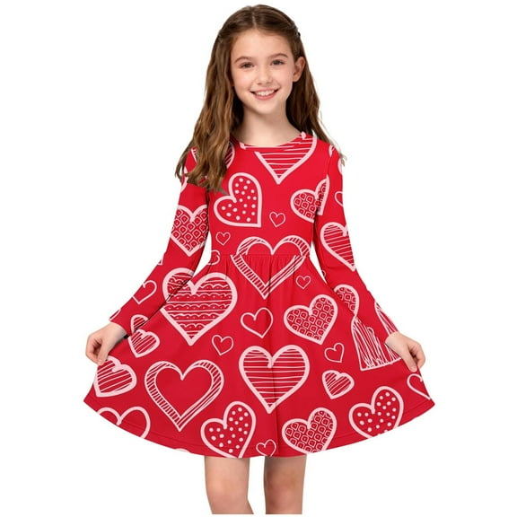 Girls' Red Heart Print Dress - Long Sleeve Soft Stretch, Cute Valentine's Day Outfit, Sizes 4-14 Years,Size 9-10 T