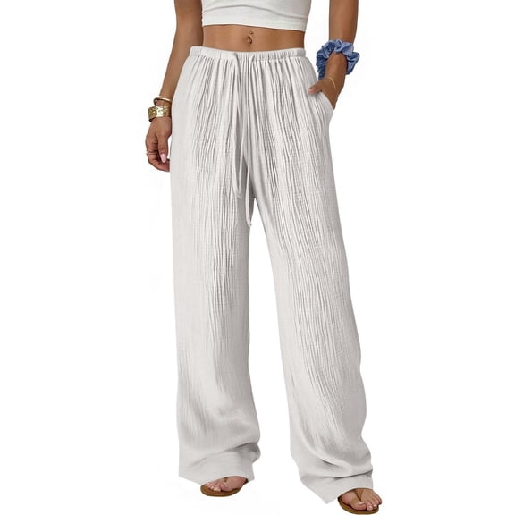 ATENAR Womens Pants Comfortable High Waist Pants Pokets Wide Leg Pant White S