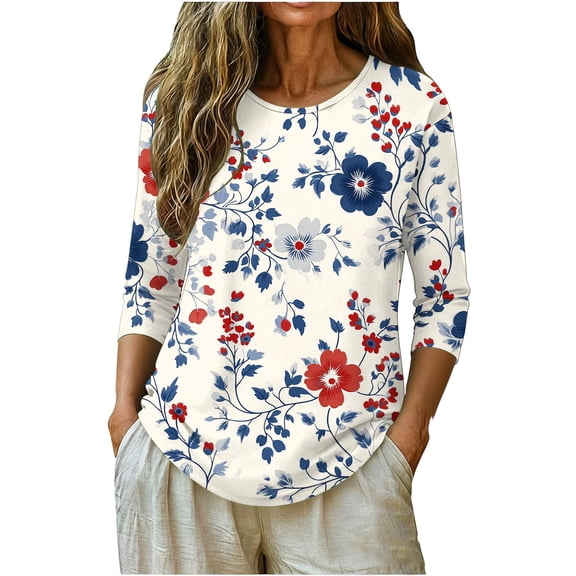 Zivyakyron Summer T-Shirts Womens Everyday Fourth of July Patriotic Top for Ladies 3/4 Sleeve Loose Casual Clothes