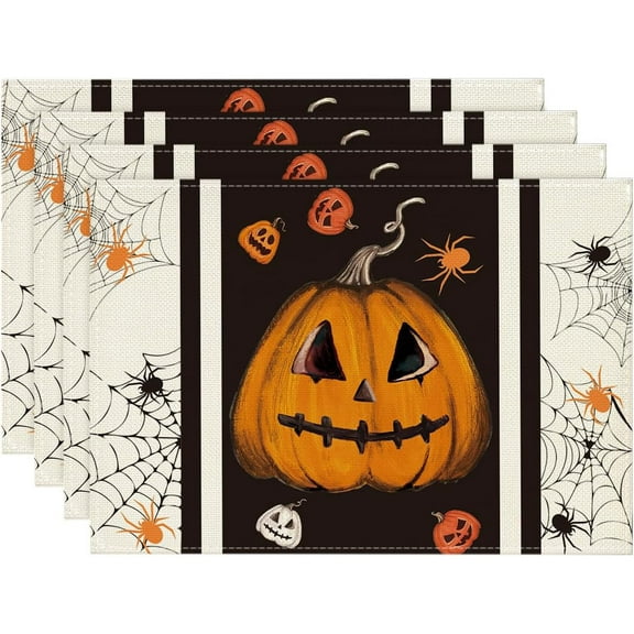 Jack-O'-Lantern Pumpkins Spider Web Halloween Placemats Set of 4, 12x18 Inch Seasonal Table Mats for Party Kitchen Dining Decoration
