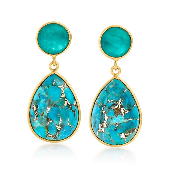 Ross-Simons Turquoise and 3.60 ct. t.w. Green Quartz Drop Earrings in 18kt Gold Over Sterling, Women's, Adult