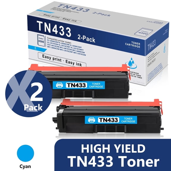 TN433 Toner Cartridge Cyan 2 Pack Compatible for Brother TN-433 Toner for HL-L8360CDW Printer