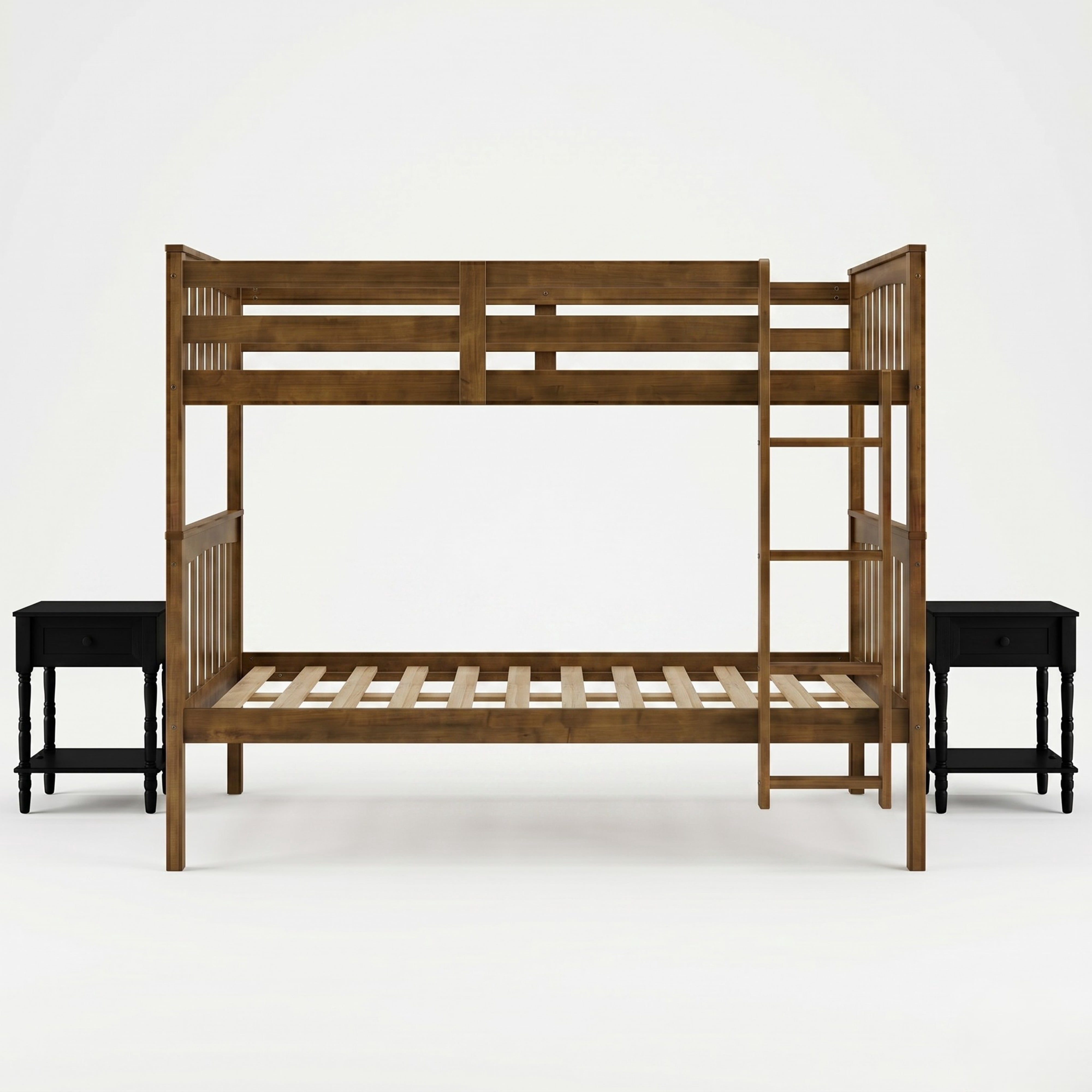 Home Design Ames Twin Over Twin Solid Wood Bunk Bed with 2 Ruston Nightstand – 3-Piece Space-Saving Bedroom Set, Brown/ Black