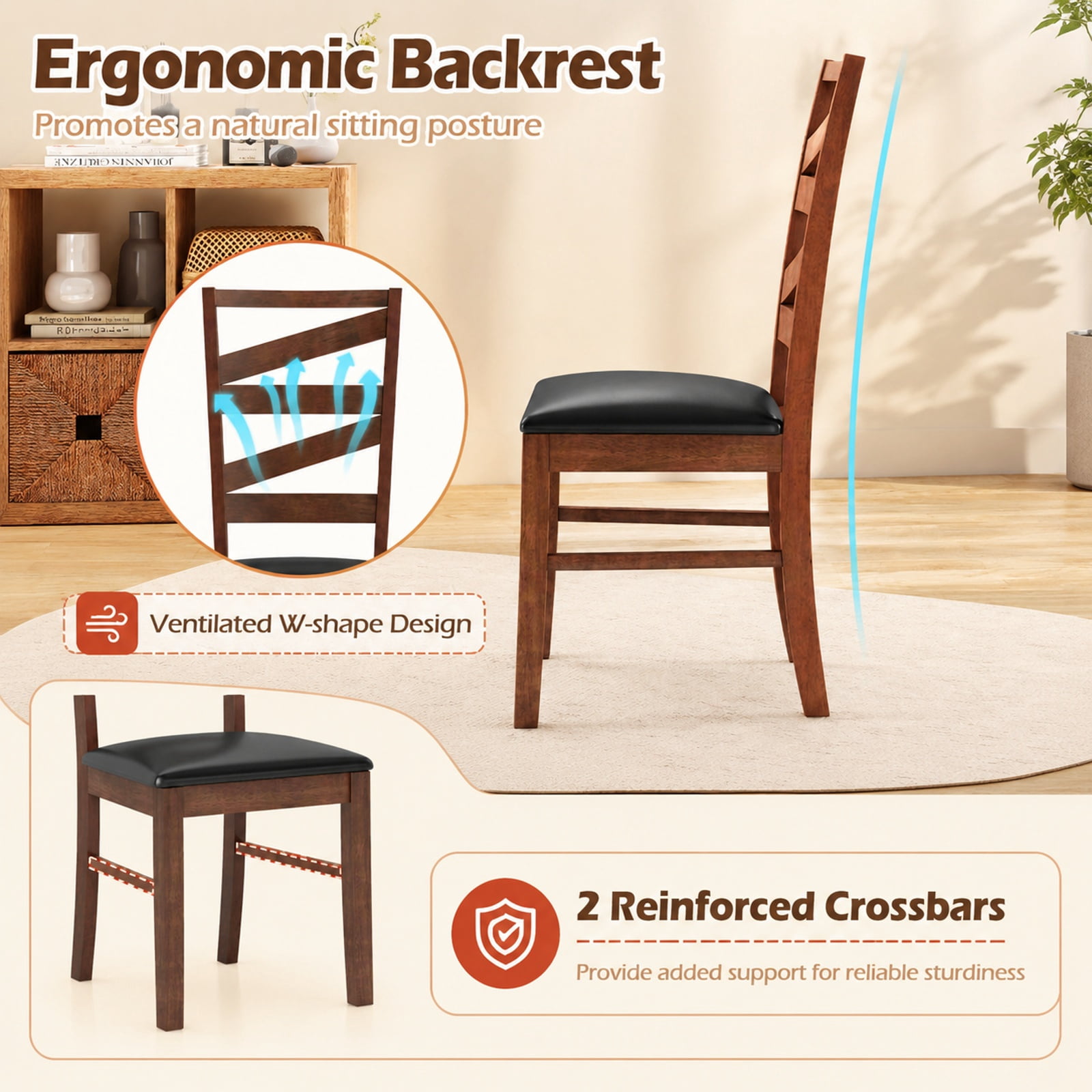 Furnibear Leather Dining Chairs Set of 2 Kitchen Side Chairs with Rubber Wood Legs and Ventilated W Shape Back for Dining Room, Walnut