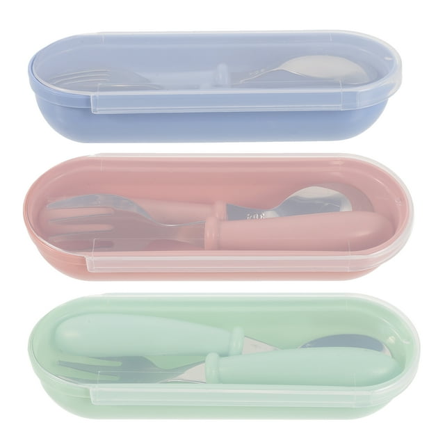 KAKOWELY 3 Set of Toddler Utensils Kids Tableware Set with Handle Children Safe Spoons Forks Set with Container,4.92X"X1.02"X0.79"