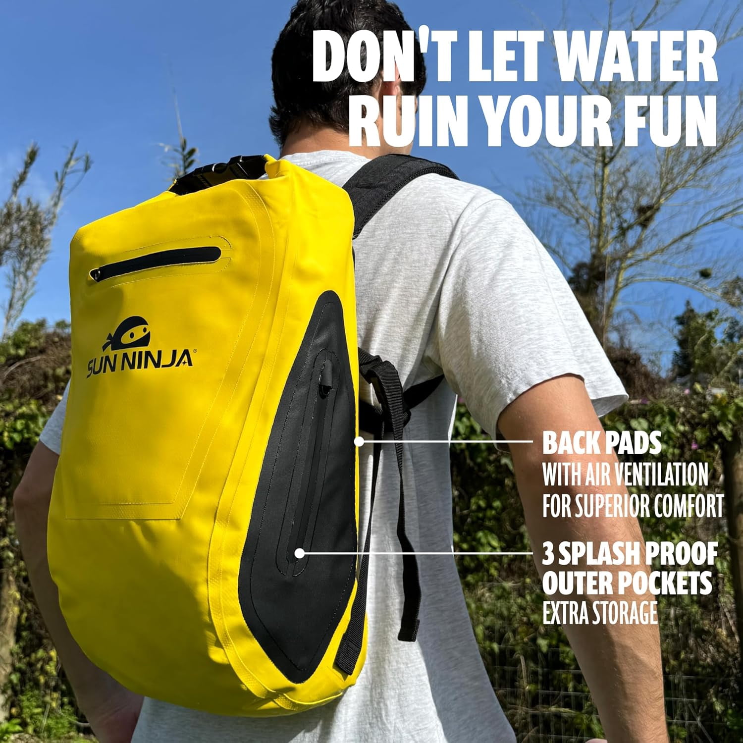 SUN NINJA Dry Bag Backpack, Waterproof Floating Drybag for Kayaking & SUP, Dry Bags Waterproof Backpack for Men & Women, Dry Sack Waterproof Bag, 20L Capacity - Yellow