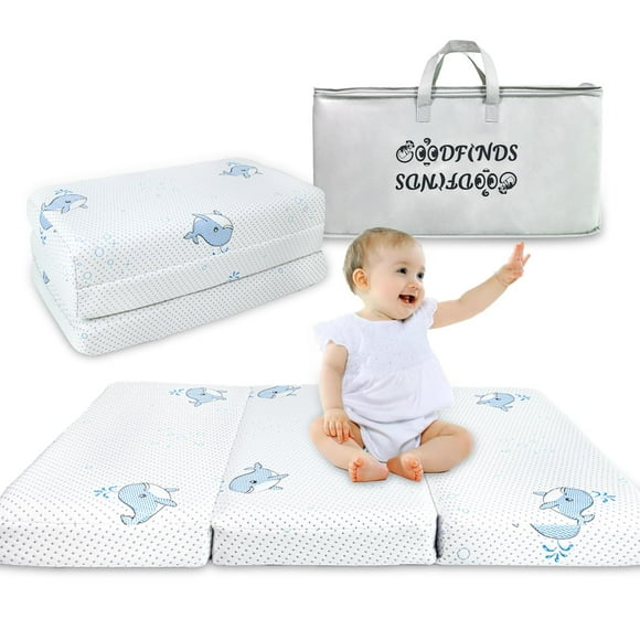 GOODFINDS Pack and Play Mattress, 38x26 Folding Memory Foam Baby Mattress for Pack N Play, 3 Inch Thick Trifold Pack Play Mattresses Pad, Breathable &amp; Washable Cover