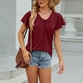 thumbnail image 4 of WREESH Women's Summer V-Neck Petal Sleeve T-Shirt Fashion Casual Solid Color Short Sleeve Blouse Wine, 4 of 8