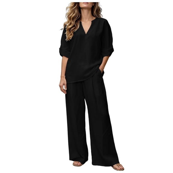 Vdoaml Women's 2 Piece Outfits Ladies 3/4 Sleeve Blouse Trousers Set Women Casual Beach Vacation Outfit L2 Black