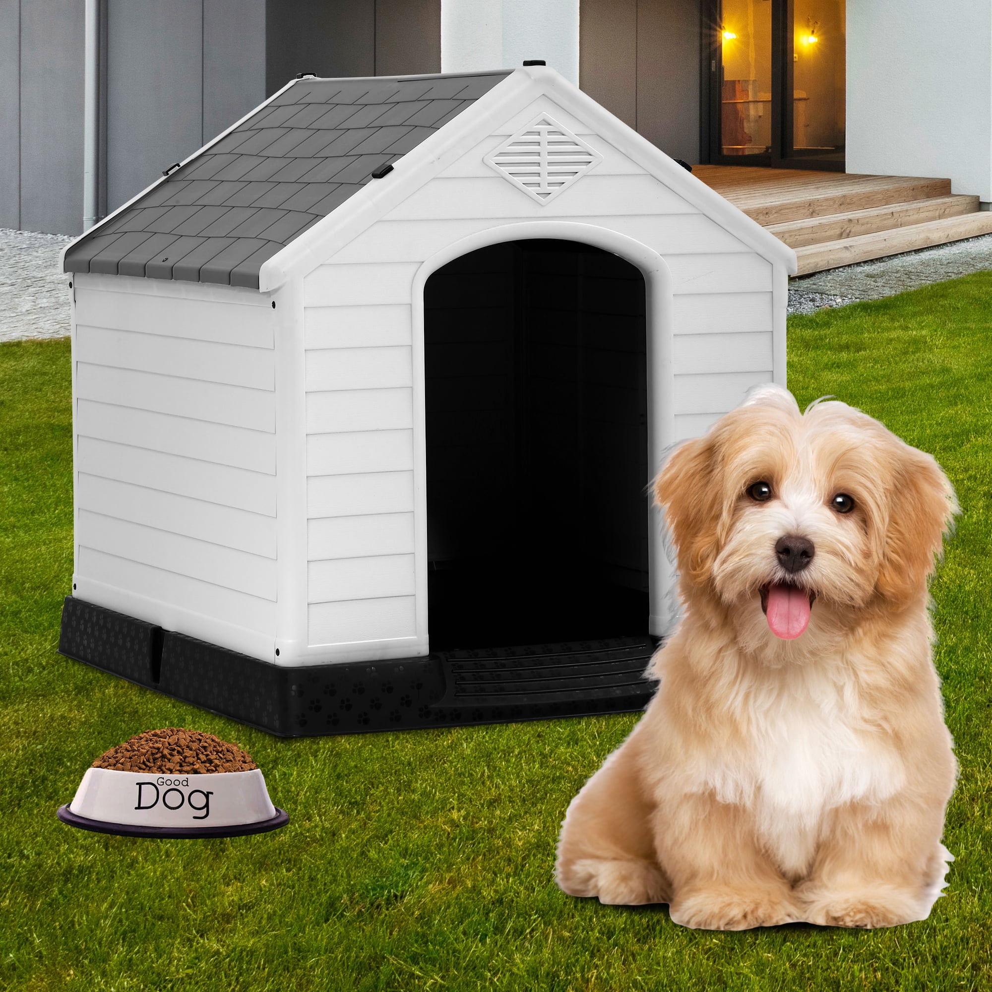 CL.HPAHKL Plastic Dog House, Ventilate Waterproof Doghouse Puppy Shelter with Elevated Floor and Air Vents All Weather Indoor Outdoor Insulated Dog House for Small Dogs (28" L x 27" W x 25" H, Grey)